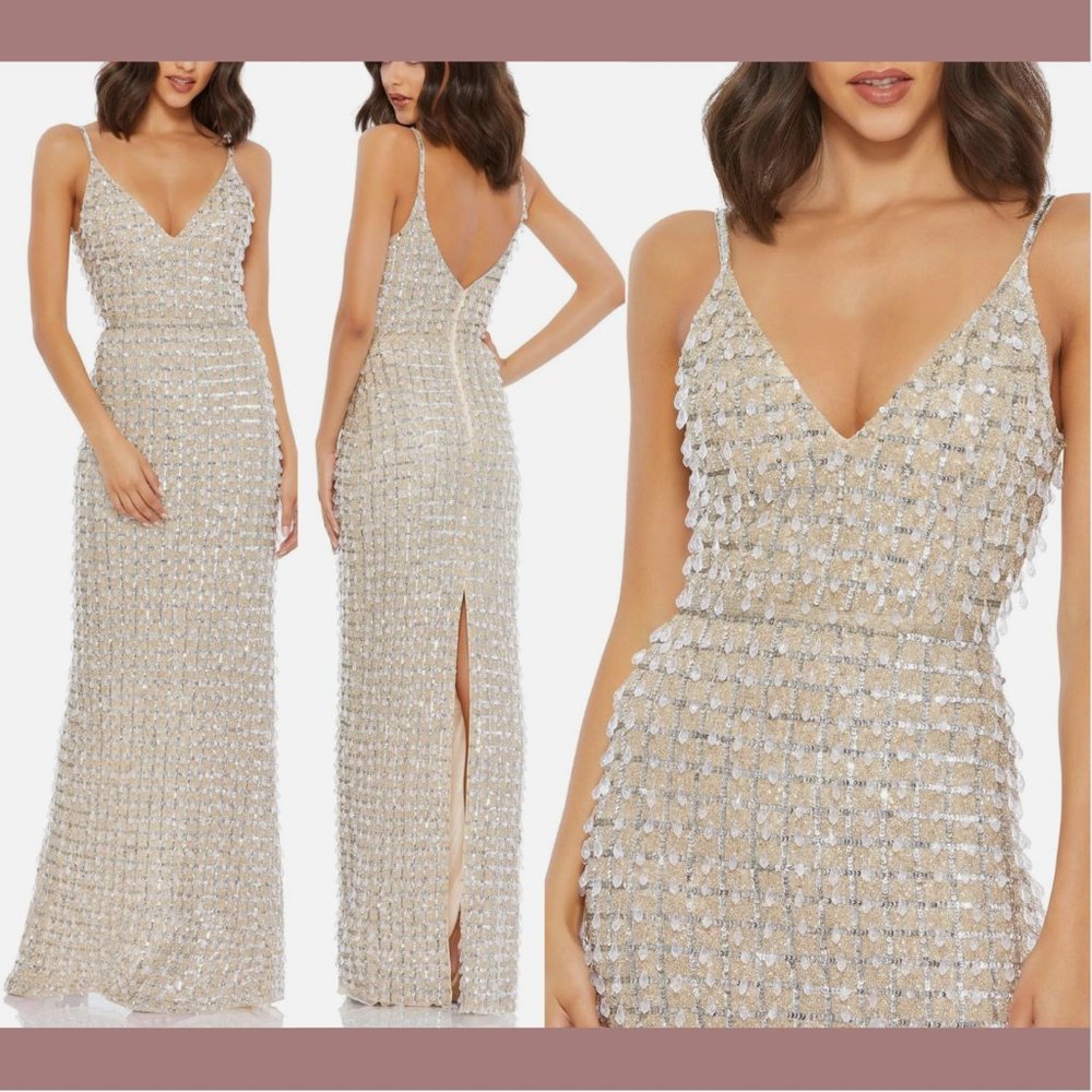 NWT $598 Mac Duggal‎ [ 0 ] Geometric Embellished Crystal Drop V-Neck Gown Nude